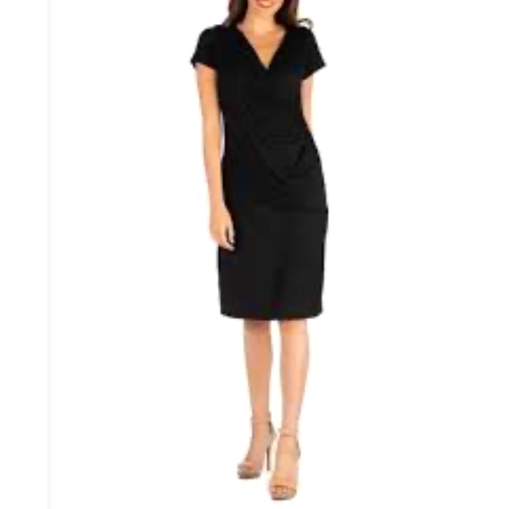 Black Short Sleeve, V-Neckline Midi Dress